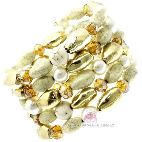 Womens Beaded Crystal Gold Pearl Acrylic Neutral Adjustable Coil Bracelet NWT - Picture 1 of 4
